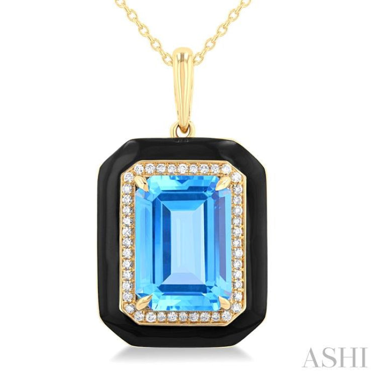 14x10 MM Emerald Cut Blue Topaz and 1/5 Ctw Round Cut Diamond Halo & Black Enamel Border Semi-Precious Pendant With Chain in 14K Yellow Gold 14x10 MM Emerald Cut Blue Topaz and 1/5 Ctw Round Cut Diamond Halo & Black Enamel Border Semi-Precious Pendant With Chain in 14K Yellow Gold