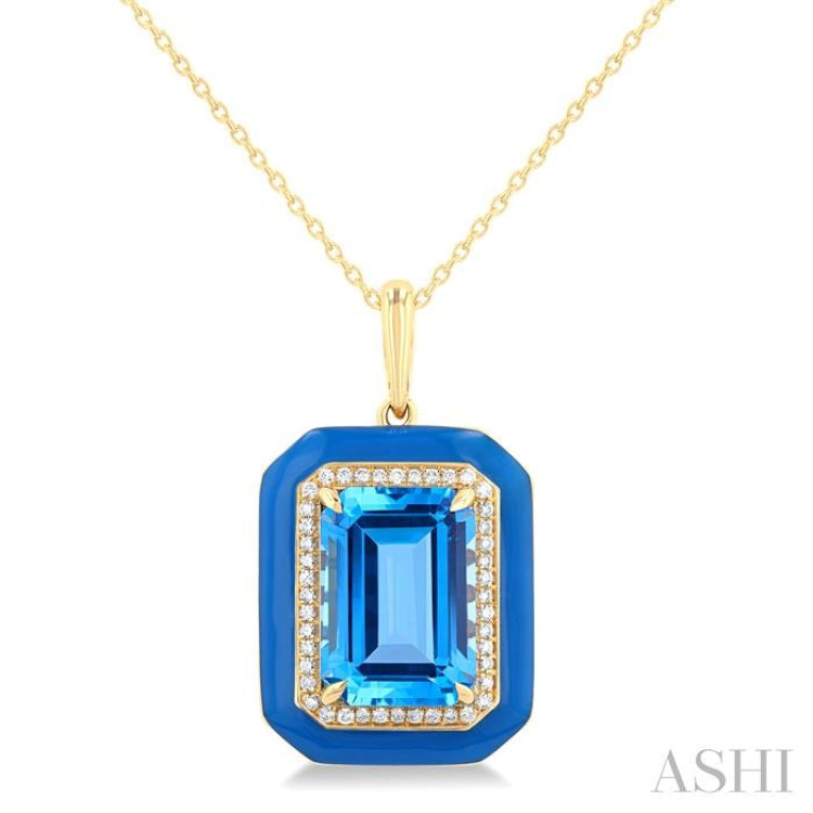 14x10 MM Emerald Cut Blue Topaz and 1/5 Ctw Round Cut Diamond Halo & Blue Enamel Border Semi-Precious Pendant With Chain in 14K Yellow Gold 14x10 MM Emerald Cut Blue Topaz and 1/5 Ctw Round Cut Diamond Halo & Blue Enamel Border Semi-Precious Pendant With Chain in 14K Yellow Gold