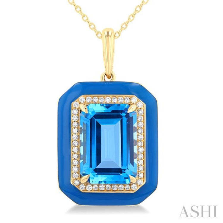14x10 MM Emerald Cut Blue Topaz and 1/5 Ctw Round Cut Diamond Halo & Blue Enamel Border Semi-Precious Pendant With Chain in 14K Yellow Gold 14x10 MM Emerald Cut Blue Topaz and 1/5 Ctw Round Cut Diamond Halo & Blue Enamel Border Semi-Precious Pendant With Chain in 14K Yellow Gold