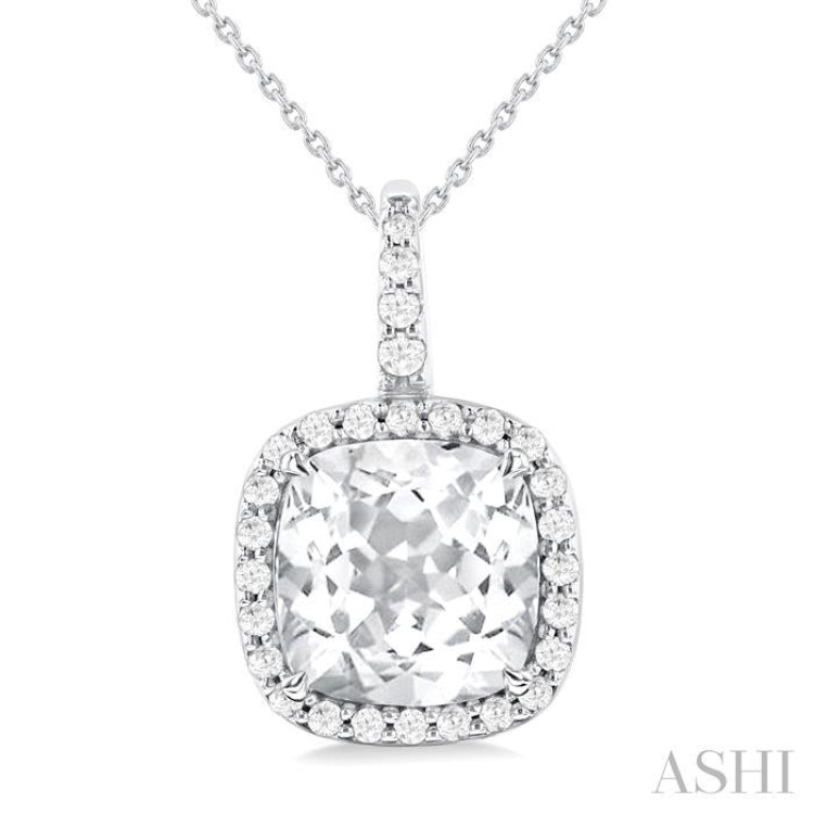 9X9 MM Cushion Cut White Topaz and 1/4 Ctw Round Cut Diamond Semi-precious Pendant in 14K White Gold with Chain 9X9 MM Cushion Cut White Topaz and 1/4 Ctw Round Cut Diamond Semi-precious Pendant in 14K White Gold with Chain