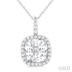 9X9 MM Cushion Cut White Topaz and 1/4 Ctw Round Cut Diamond Semi-precious Pendant in 14K White Gold with Chain 9X9 MM Cushion Cut White Topaz and 1/4 Ctw Round Cut Diamond Semi-precious Pendant in 14K White Gold with Chain