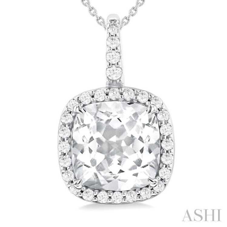 9X9 MM Cushion Cut White Topaz and 1/4 Ctw Round Cut Diamond Semi-precious Pendant in 14K White Gold with Chain 9X9 MM Cushion Cut White Topaz and 1/4 Ctw Round Cut Diamond Semi-precious Pendant in 14K White Gold with Chain