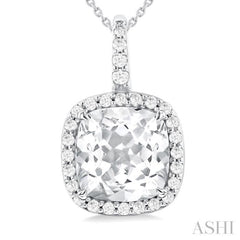 9X9 MM Cushion Cut White Topaz and 1/4 Ctw Round Cut Diamond Semi-precious Pendant in 14K White Gold with Chain 9X9 MM Cushion Cut White Topaz and 1/4 Ctw Round Cut Diamond Semi-precious Pendant in 14K White Gold with Chain