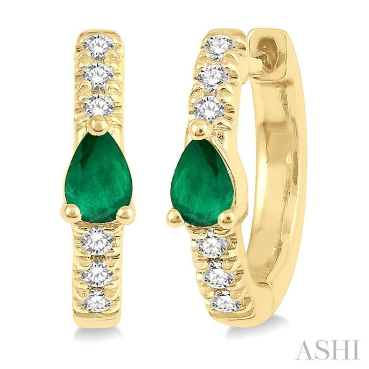4X3 MM Pear Cut Emerald and 1/10 Ctw Single Cut Diamond Petite Huggie Earrings in 10K Yellow Gold 4X3 MM Pear Cut Emerald and 1/10 Ctw Single Cut Diamond Petite Huggie Earrings in 10K Yellow Gold