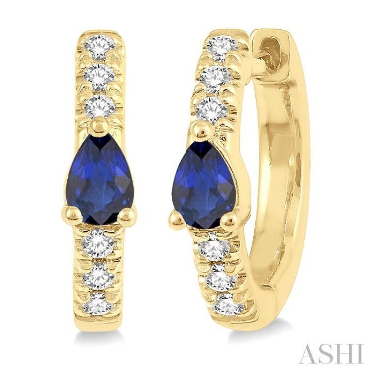 4X3 MM Pear Cut Sapphire and 1/10 Ctw Single Cut Diamond Petite Huggie Earrings in 10K Yellow Gold 4X3 MM Pear Cut Sapphire and 1/10 Ctw Single Cut Diamond Petite Huggie Earrings in 10K Yellow Gold