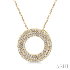 1/3 Ctw Circle Triple Row Round Cut Diamond Fashion Pendant With Chain in 10K Yellow Gold 1/3 Ctw Circle Triple Row Round Cut Diamond Fashion Pendant With Chain in 10K Yellow Gold