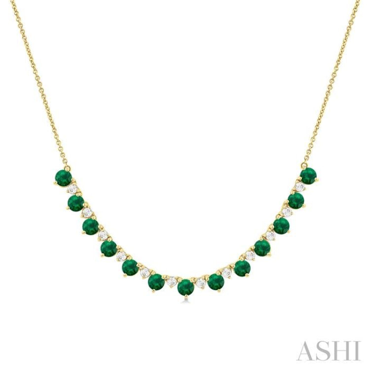 3.5 MM Round Shape Emerald and 1/2 Ctw Round Cut Diamond Precious Tennis Necklace in 14K Yellow Gold 3.5 MM Round Shape Emerald and 1/2 Ctw Round Cut Diamond Precious Tennis Necklace in 14K Yellow Gold