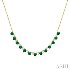 3.5 MM Round Shape Emerald and 1/2 Ctw Round Cut Diamond Precious Tennis Necklace in 14K Yellow Gold 3.5 MM Round Shape Emerald and 1/2 Ctw Round Cut Diamond Precious Tennis Necklace in 14K Yellow Gold