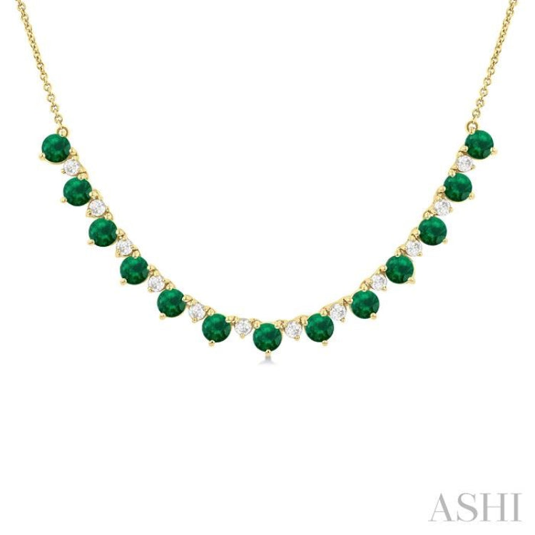 3.5 MM Round Shape Emerald and 1/2 Ctw Round Cut Diamond Precious Tennis Necklace in 14K Yellow Gold 3.5 MM Round Shape Emerald and 1/2 Ctw Round Cut Diamond Precious Tennis Necklace in 14K Yellow Gold