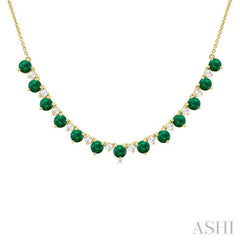 3.5 MM Round Shape Emerald and 1/2 Ctw Round Cut Diamond Precious Tennis Necklace in 14K Yellow Gold 3.5 MM Round Shape Emerald and 1/2 Ctw Round Cut Diamond Precious Tennis Necklace in 14K Yellow Gold