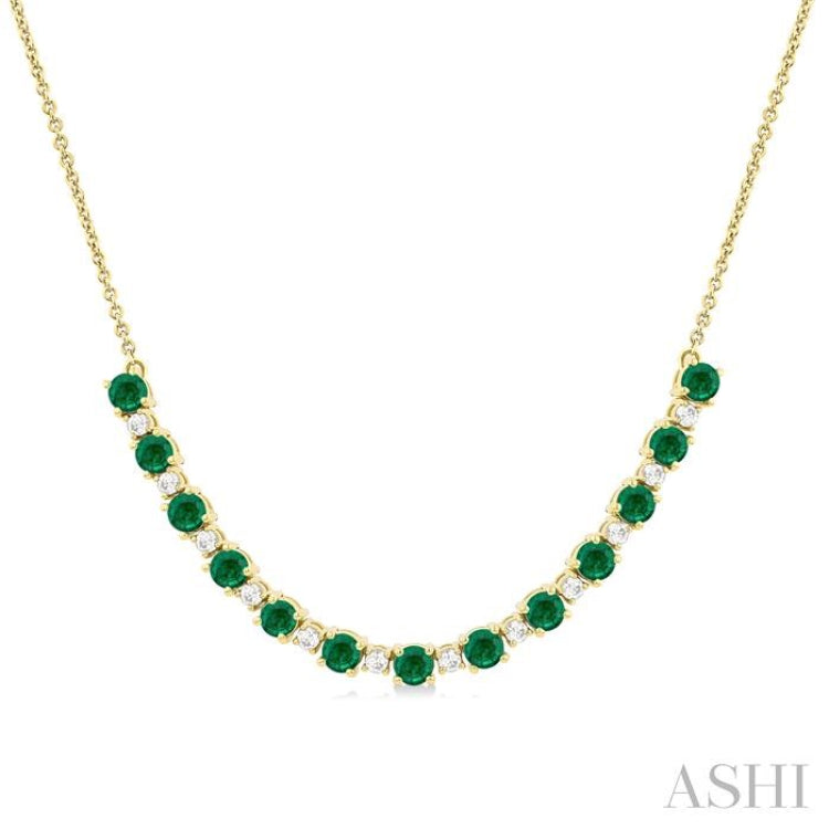 3.5 MM Round Shape Emerald and 1/2 Ctw Round Cut Diamond Precious Tennis Necklace in 14K Yellow Gold 3.5 MM Round Shape Emerald and 1/2 Ctw Round Cut Diamond Precious Tennis Necklace in 14K Yellow Gold