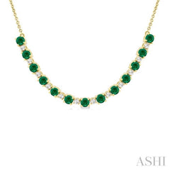 3.5 MM Round Shape Emerald and 1/2 Ctw Round Cut Diamond Precious Tennis Necklace in 14K Yellow Gold 3.5 MM Round Shape Emerald and 1/2 Ctw Round Cut Diamond Precious Tennis Necklace in 14K Yellow Gold