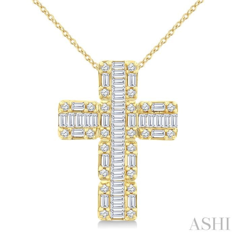 1 Ctw Fusion Baguette and Round Cut Diamond Cross Fashion Pendant With Chain in 14K Yellow Gold 1 Ctw Fusion Baguette and Round Cut Diamond Cross Fashion Pendant With Chain in 14K Yellow Gold