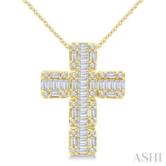 1 Ctw Fusion Baguette and Round Cut Diamond Cross Fashion Pendant With Chain in 14K Yellow Gold 1 Ctw Fusion Baguette and Round Cut Diamond Cross Fashion Pendant With Chain in 14K Yellow Gold