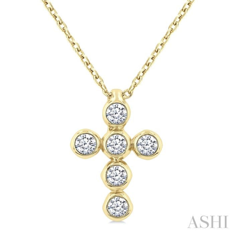 1/6 Ctw Round Cut Diamond 6-Stone Bezel Set Cross Pendant With Chain in 14K Yellow Gold 1/6 Ctw Round Cut Diamond 6-Stone Bezel Set Cross Pendant With Chain in 14K Yellow Gold