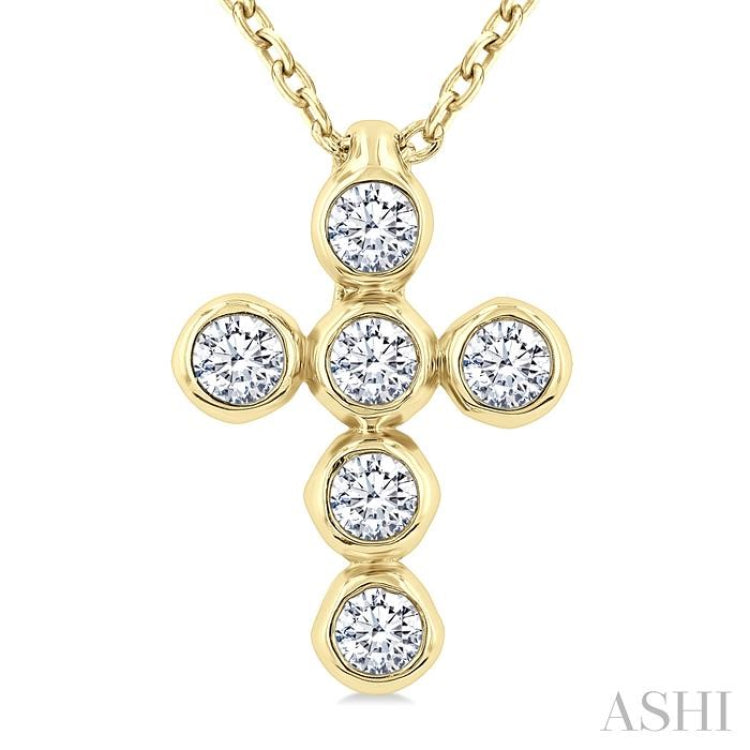 1/6 Ctw Round Cut Diamond 6-Stone Bezel Set Cross Pendant With Chain in 14K Yellow Gold 1/6 Ctw Round Cut Diamond 6-Stone Bezel Set Cross Pendant With Chain in 14K Yellow Gold