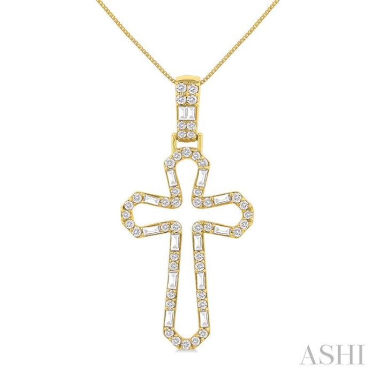 1/2 Ctw Open Window Cross Frame Baguette and Round Cut Diamond Fashion Pendant With Chain in 10K Yellow Gold 1/2 Ctw Open Window Cross Frame Baguette and Round Cut Diamond Fashion Pendant With Chain in 10K Yellow Gold