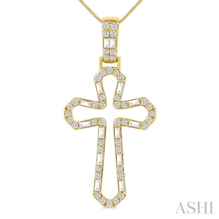 1/2 Ctw Open Window Cross Frame Baguette and Round Cut Diamond Fashion Pendant With Chain in 10K Yellow Gold 1/2 Ctw Open Window Cross Frame Baguette and Round Cut Diamond Fashion Pendant With Chain in 10K Yellow Gold