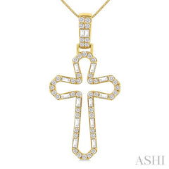 1/2 Ctw Open Window Cross Frame Baguette and Round Cut Diamond Fashion Pendant With Chain in 10K Yellow Gold 1/2 Ctw Open Window Cross Frame Baguette and Round Cut Diamond Fashion Pendant With Chain in 10K Yellow Gold
