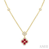 2.4 MM Round Shape Ruby and 1/4 Ctw Clover Round Cut Diamond Station Necklace in 14K Yellow Gold