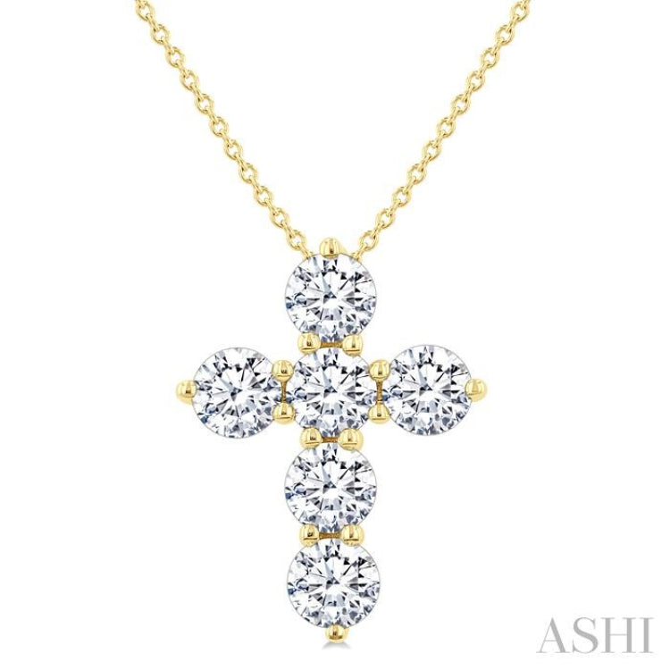 2 Ctw Round Cut Diamond Christian Cross 6-Stone Fashion Pendant With Chain in 14K Yellow Gold 2 Ctw Round Cut Diamond Christian Cross 6-Stone Fashion Pendant With Chain in 14K Yellow Gold