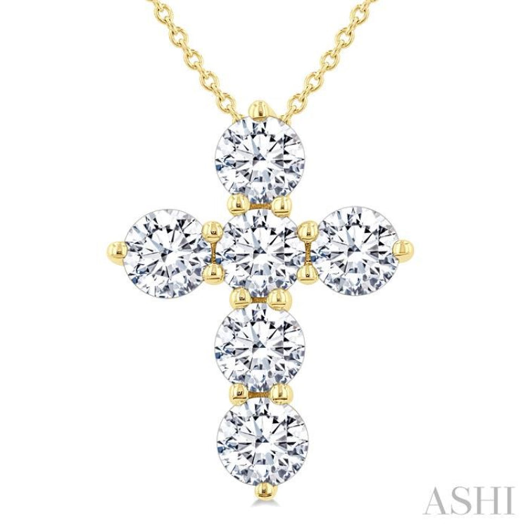 2 Ctw Round Cut Diamond Christian Cross 6-Stone Fashion Pendant With Chain in 14K Yellow Gold 2 Ctw Round Cut Diamond Christian Cross 6-Stone Fashion Pendant With Chain in 14K Yellow Gold