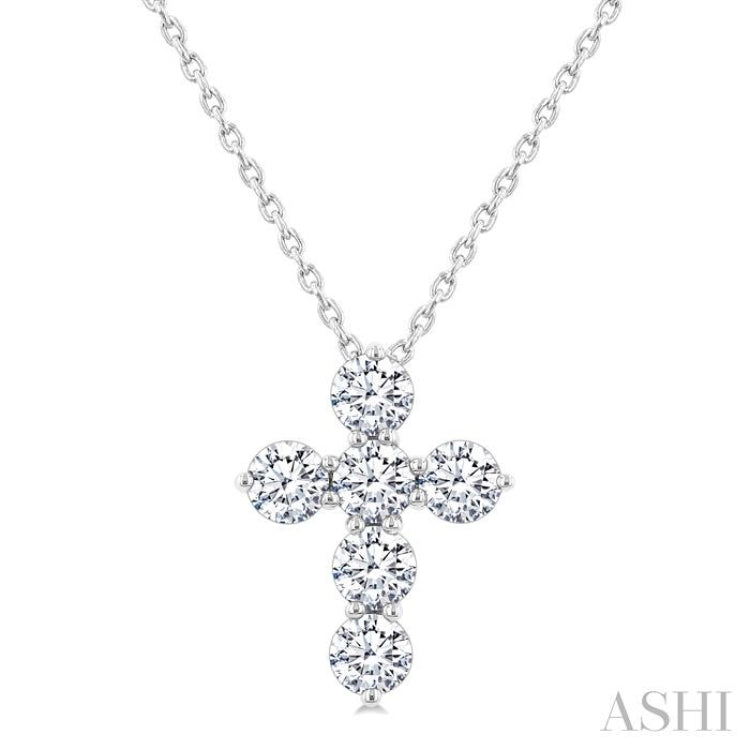 3/4 Ctw Round Cut Diamond Christian Cross 6-Stone Fashion Pendant With Chain in 14K White Gold 3/4 Ctw Round Cut Diamond Christian Cross 6-Stone Fashion Pendant With Chain in 14K White Gold