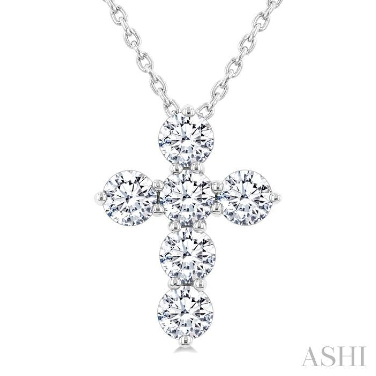 3/4 Ctw Round Cut Diamond Christian Cross 6-Stone Fashion Pendant With Chain in 14K White Gold 3/4 Ctw Round Cut Diamond Christian Cross 6-Stone Fashion Pendant With Chain in 14K White Gold
