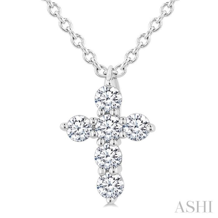 1/6 Ctw Round Cut Diamond Christian Cross 6-Stone Fashion Pendant With Chain in 14K White Gold 1/6 Ctw Round Cut Diamond Christian Cross 6-Stone Fashion Pendant With Chain in 14K White Gold