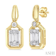 1/3 Ctw Fusion Baguette and Round Cut Diamond Fashion Earrings in 14K Yellow and White Gold 1/3 Ctw Fusion Baguette and Round Cut Diamond Fashion Earrings in 14K Yellow and White Gold