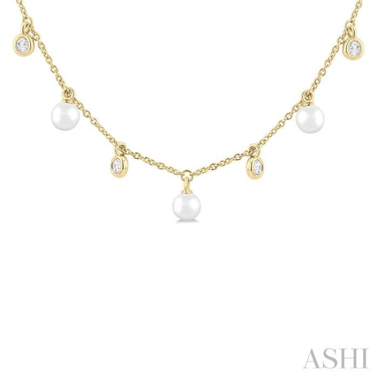 4 MM Round Shape Cultured Pearl and 1/4 Ctw Round Cut Diamond Station Necklace in 14K Yellow Gold 4 MM Round Shape Cultured Pearl and 1/4 Ctw Round Cut Diamond Station Necklace in 14K Yellow Gold