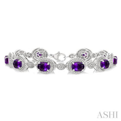 7X5 MM Oval Shape Amethyst and 1/10 Ctw Single Cut Diamond Semi-Precious Bracelet in Sterling Silver