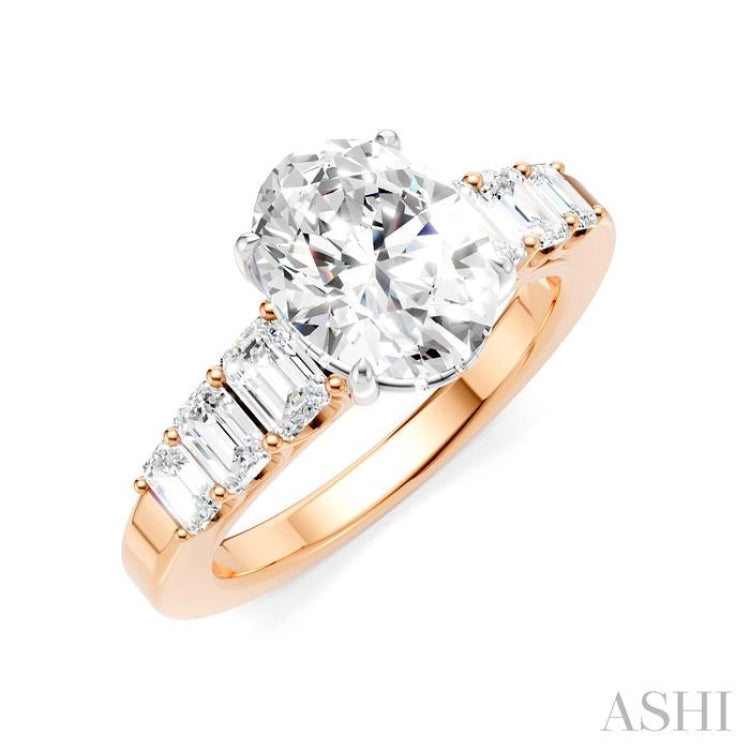 1 Ctw Oval Shape Emerald and Round Cut Diamond Semi-Mount Engagement Ring in 14K Rose and White Gold