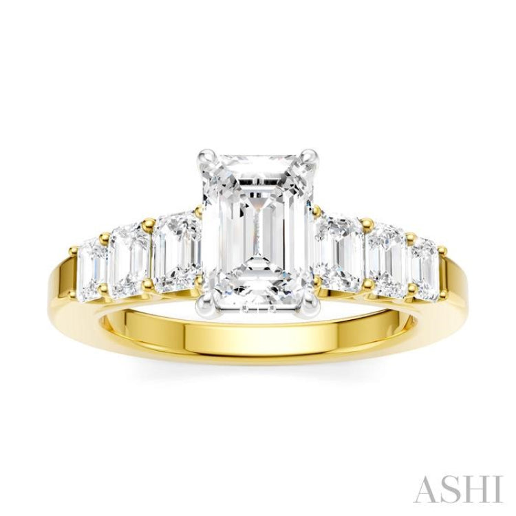 1 Ctw Emerald Shape Emerald and Round Cut Diamond Semi-Mount Engagement Ring in 14K Yellow and White Gold