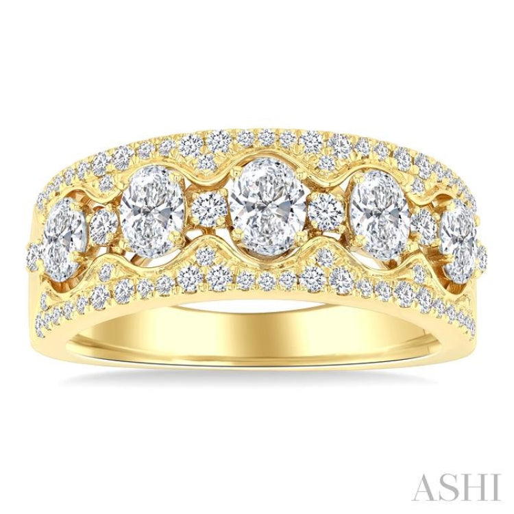 1 1/5 Ctw 5-Stone Oval and Round Cut Diamond Wide Fashion Band in 14K Yellow Gold