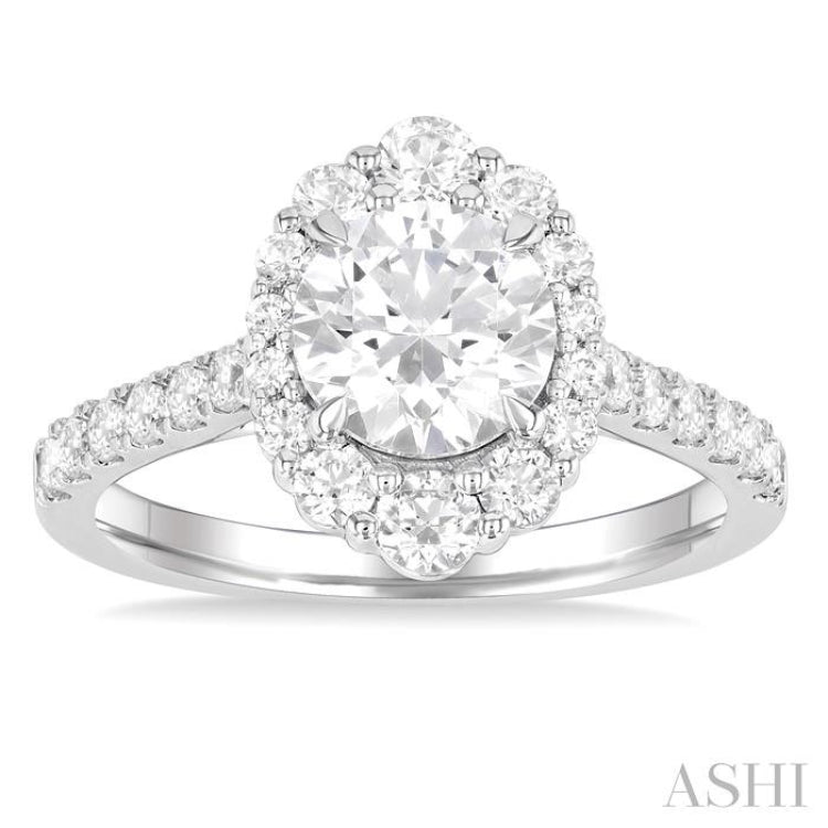 3/4 Ctw Scalloped Oval Centerpiece Circular Shape Round Cut Diamond Semi-Mount Engagement Ring in 14K White Gold