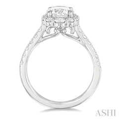 3/4 Ctw Scalloped Oval Centerpiece Circular Shape Round Cut Diamond Semi-Mount Engagement Ring in 14K White Gold