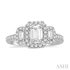5/8 Ctw Diamond Ladies Engagement Ring with 1/4 Ct Emerald Cut Center Stone in 14K White Gold