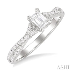 1/2 Ctw Criss Cross Shank Round Cut Diamond Engagement Ring With 1/3 Ct Emerald Cut Diamond Center Stone in 14K White Gold
