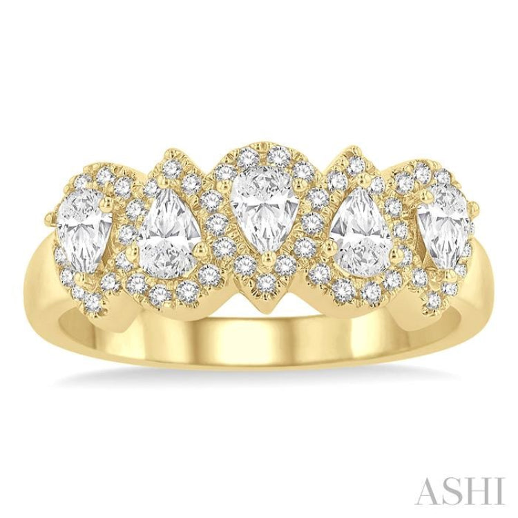 1 Ctw Pear Shape 5 Stone Pear & Round Cut Diamond Halo Wedding Band in 14K Yellow Gold