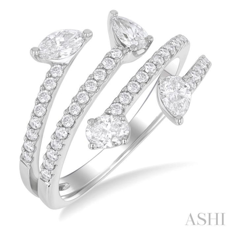 7/8 Ctw Split Open Bypass 4-Stone Mixed Diamond Cut Fashion Ring in 14K White Gold