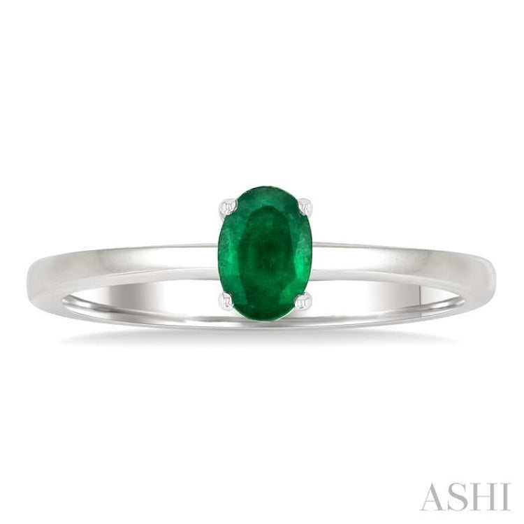 6x4 MM Oval Shape Emerald Precious Solitaire Ring in 14K White Gold