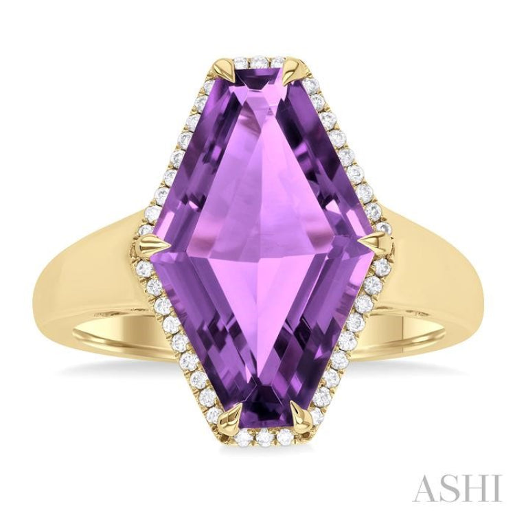 16x10 MM Hexagon Shape Amethyst and 1/10 Ctw Round Cut Diamond Halo Semi-Precious Ring in 14K Yellow Gold
