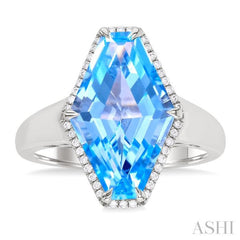 16x10 MM Hexagon Shape Blue Topaz and 1/10 Ctw Round Cut Diamond Halo Semi-Precious Ring in 14K White Gold