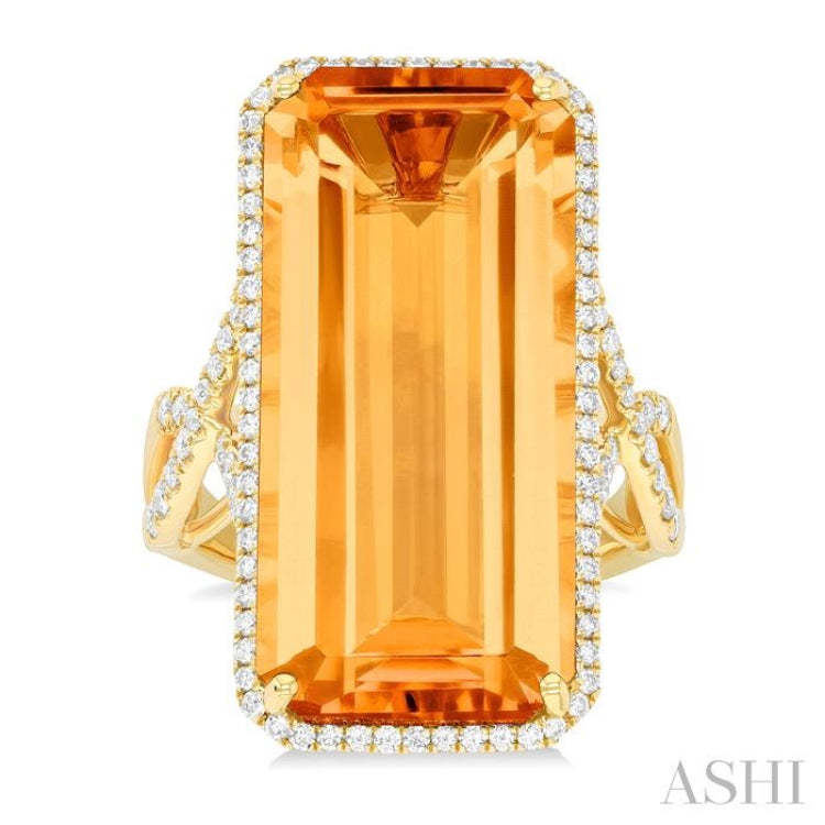 26x12 MM Emerald Cut Citrine and 1/2 Ctw Round Cut Diamond Halo Semi-Precious Ring in 14K Yellow Gold