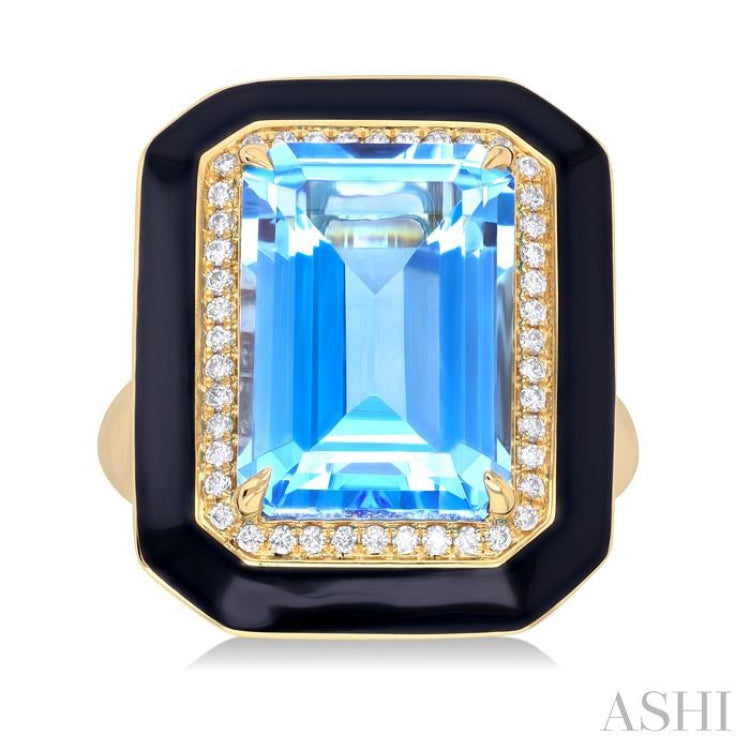 14x10 MM Emerald Cut Blue Topaz and 1/5 Ctw Round Cut Diamond Halo & Black Enamel Border Semi-Precious Ring in 14K Yellow Gold