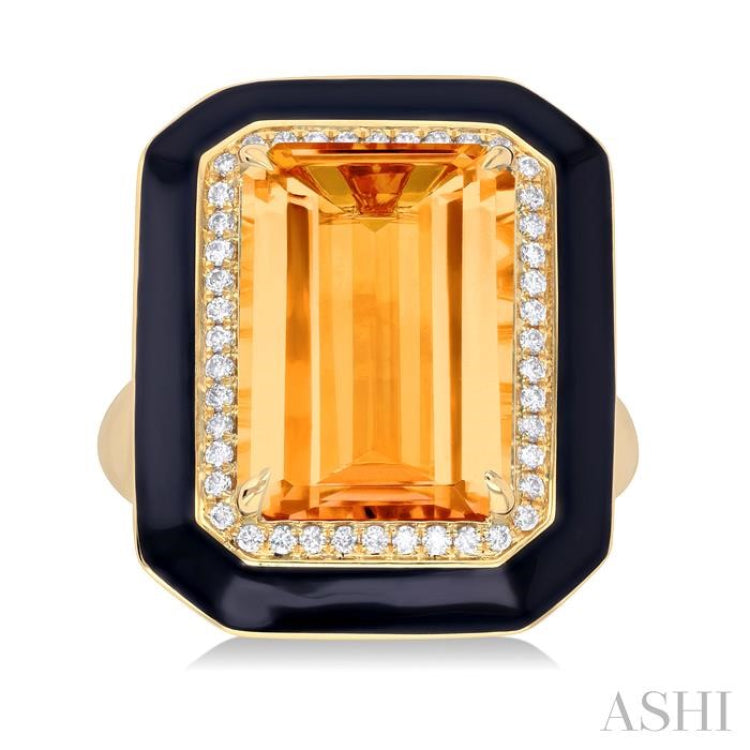 14x10 MM Emerald Cut Citrine and 1/5 Ctw Round Cut Diamond Halo & Black Enamel Border Semi-Precious Ring in 14K Yellow Gold