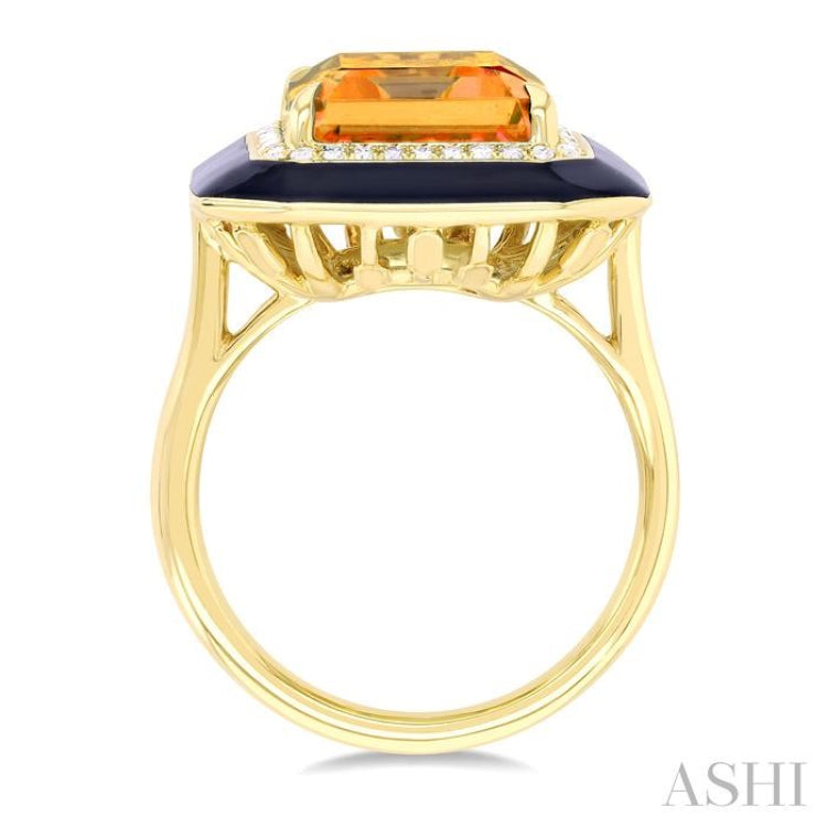 14x10 MM Emerald Cut Citrine and 1/5 Ctw Round Cut Diamond Halo & Black Enamel Border Semi-Precious Ring in 14K Yellow Gold