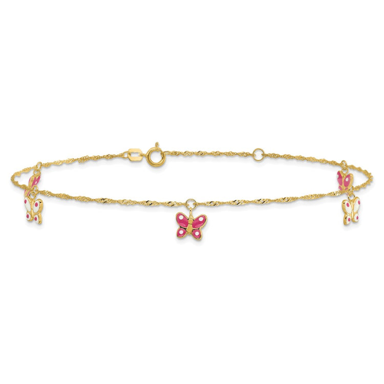 14k Pink and White Enameled Butterfly Dangles 9 inch Plus 1 inch Extender - Total 10 inch Anklet