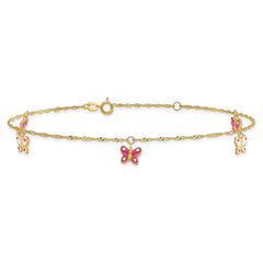 14k Pink and White Enameled Butterfly Dangles 9 inch Plus 1 inch Extender - Total 10 inch Anklet